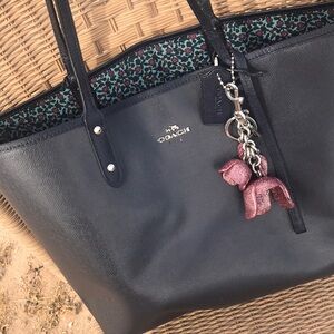 Coach Navy Leather Tote Bag with Pink Charm